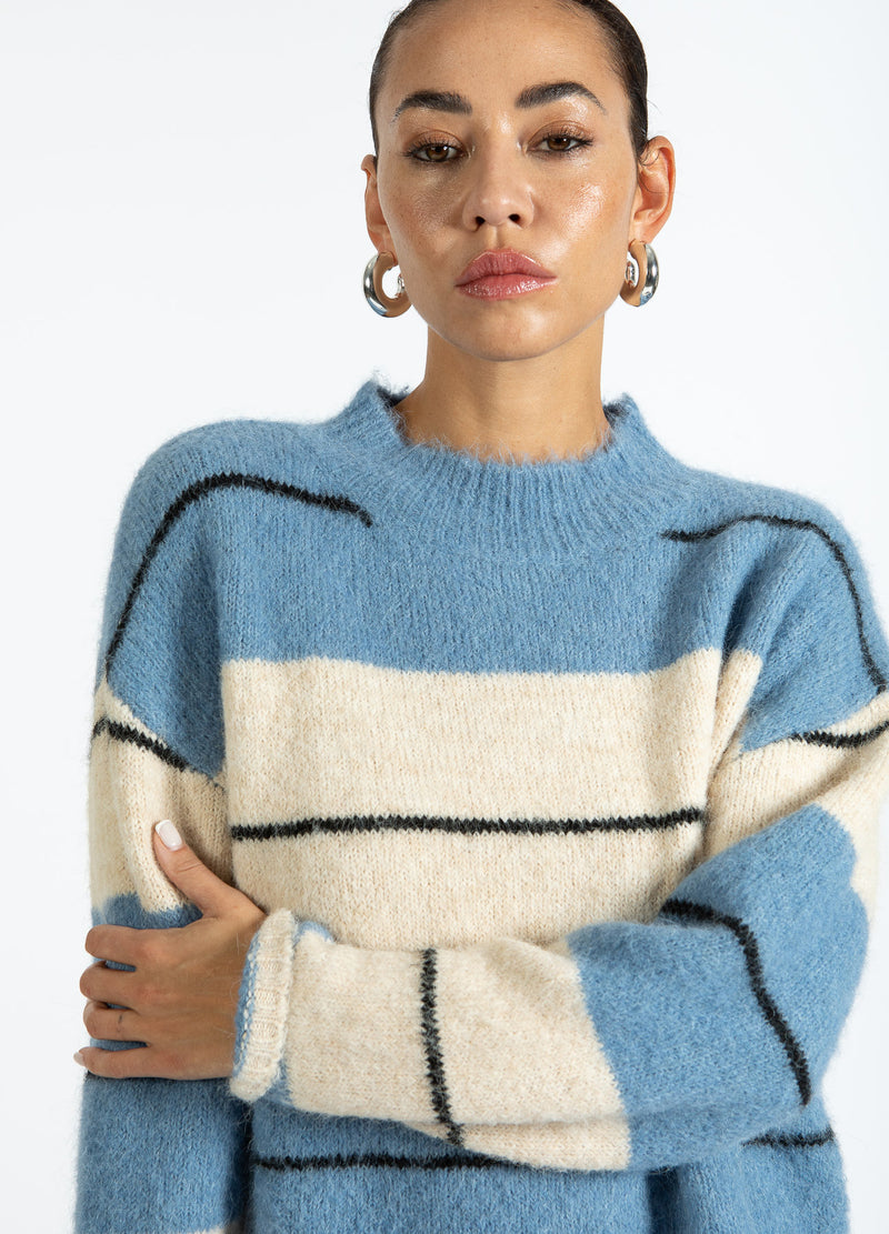 Coster Copenhagen FLUFFY STRIBET STRIK Knitwear Blue/creme stripe - 589