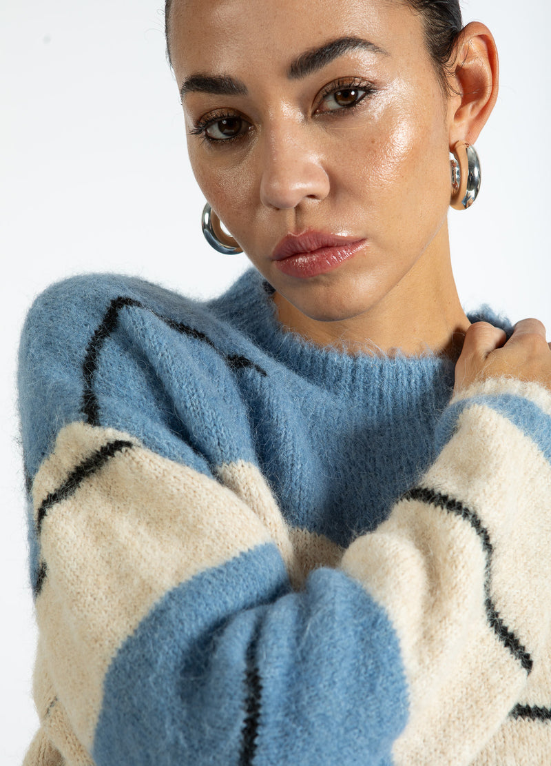 Coster Copenhagen FLUFFY STRIBET STRIK Knitwear Blue/creme stripe - 589