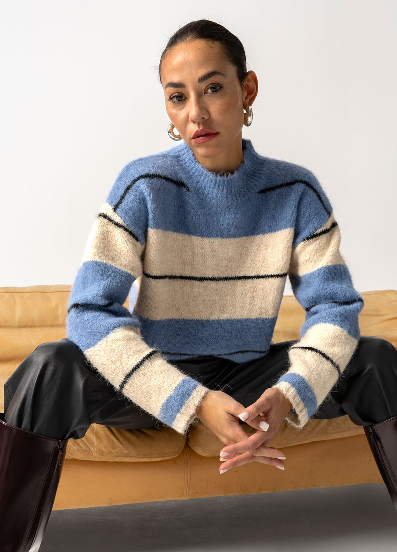 Coster Copenhagen FLUFFY STRIBET STRIK Knitwear Blue/creme stripe - 589