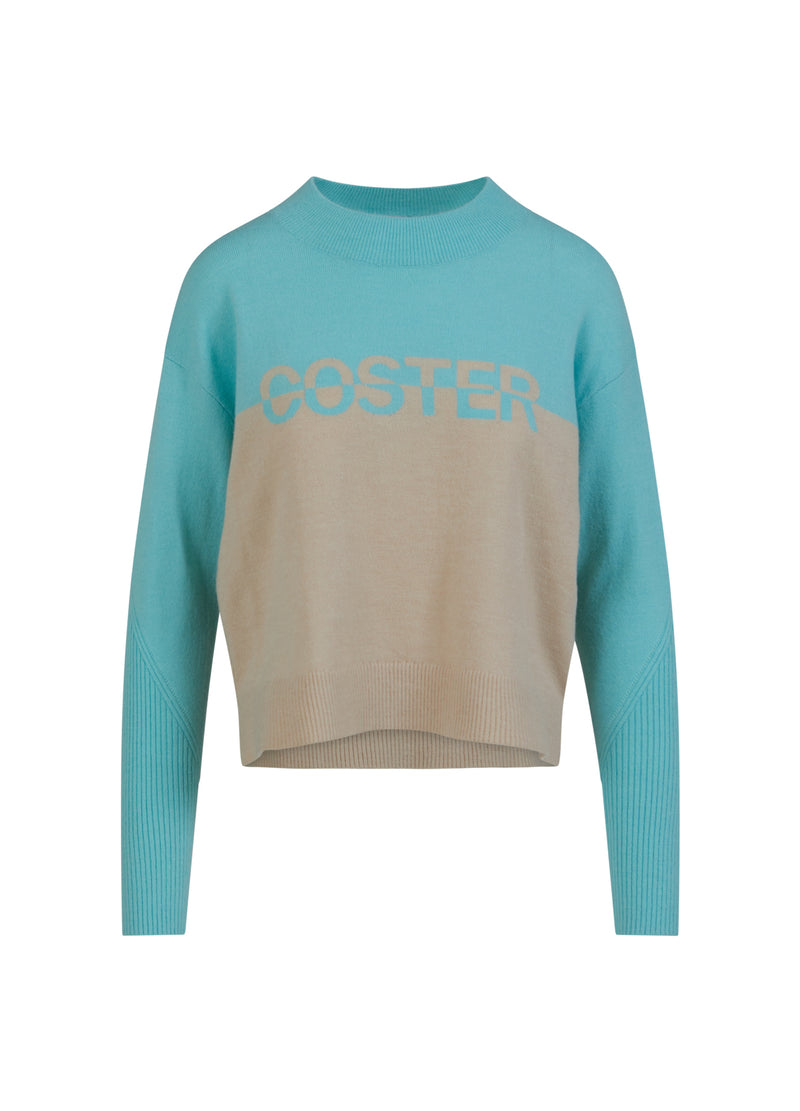 Coster Copenhagen STRIK JAQUARD MED OMVENDT FARVET LOGO Knitwear Creme/Aqua Blue - 521