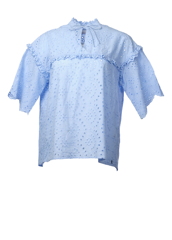 PRE-LOVED KORTÆRMET BRODERIE ANGLAISE BLUSE  - Sky blue