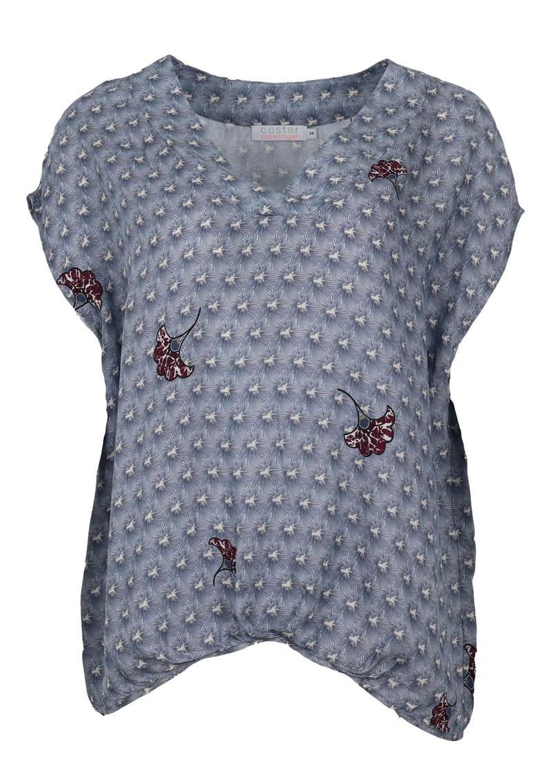 PRE-LOVED Top in savannah print w. pleat at hem - Cool Blue