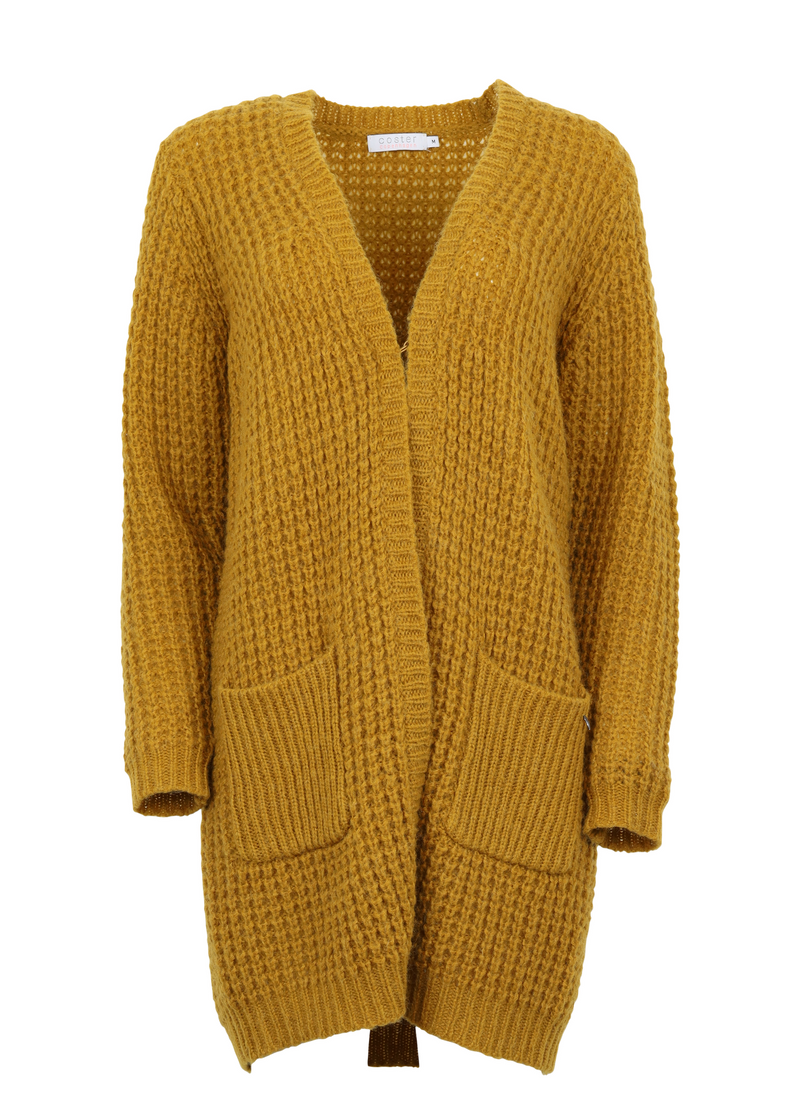 PRE-LOVED Long cardigan in waffle knit w. pockets - Mustard