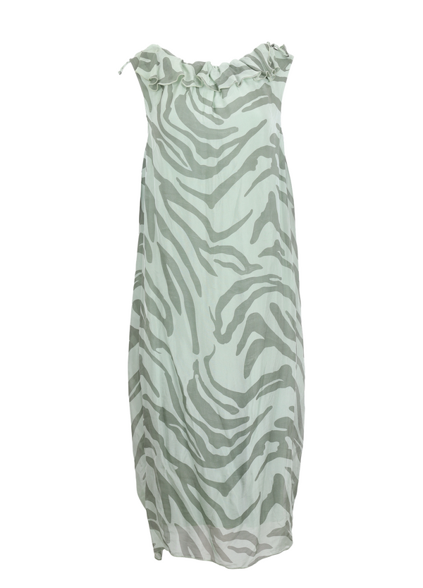 PRE-LOVED SILKE KJOLE MED FUNKTIONEL KRAVE  - Safari print