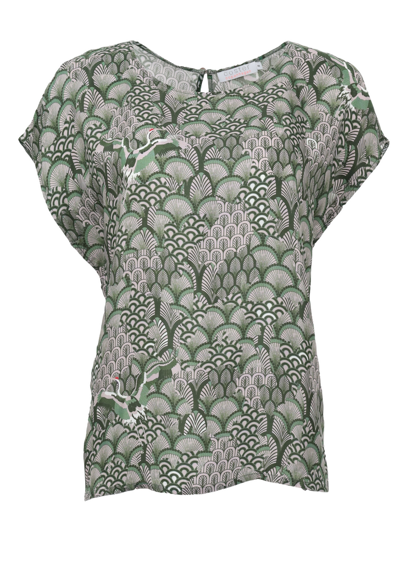 PRE-LOVED Green print Shirt w. slit at neck  - Green